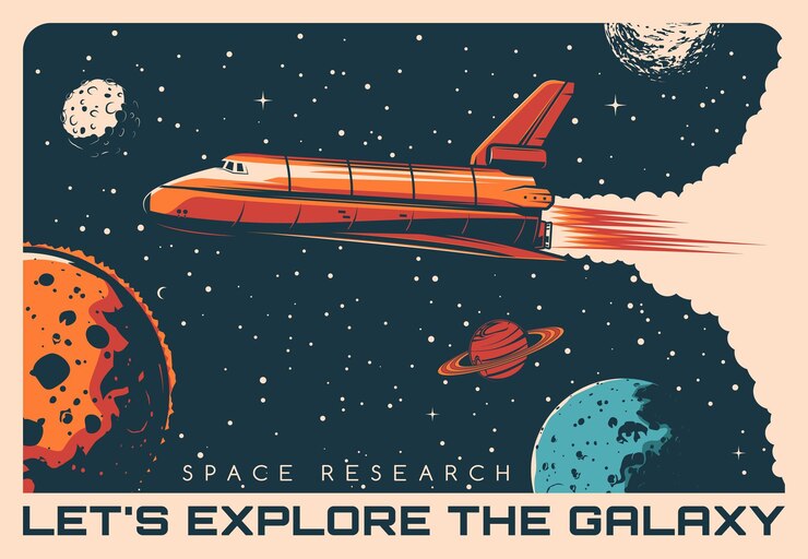 Vector poster retro pesawat ulang-alik eksplorasi luar angkasa