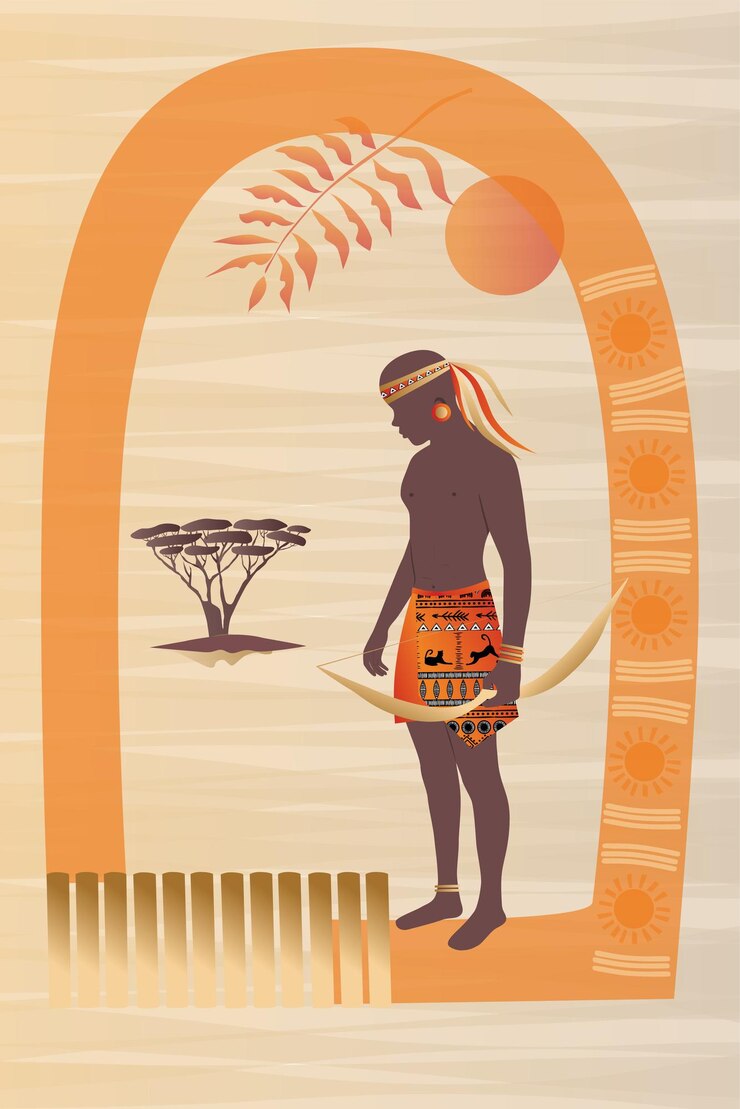 Vector poster vektor pria afrika dengan potret busur seluruh badan abstrak. poster dalam gaya tradisional lanskap afrika