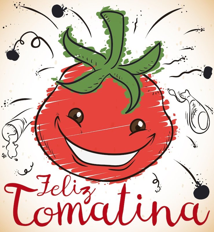 Vector poster with a smiling tomato with some doodles around it to celebrate tomatina written in spanish