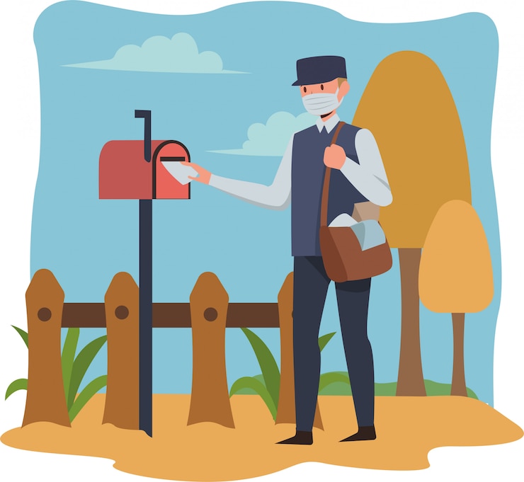 Vector postman is delivering letter while using medical mask