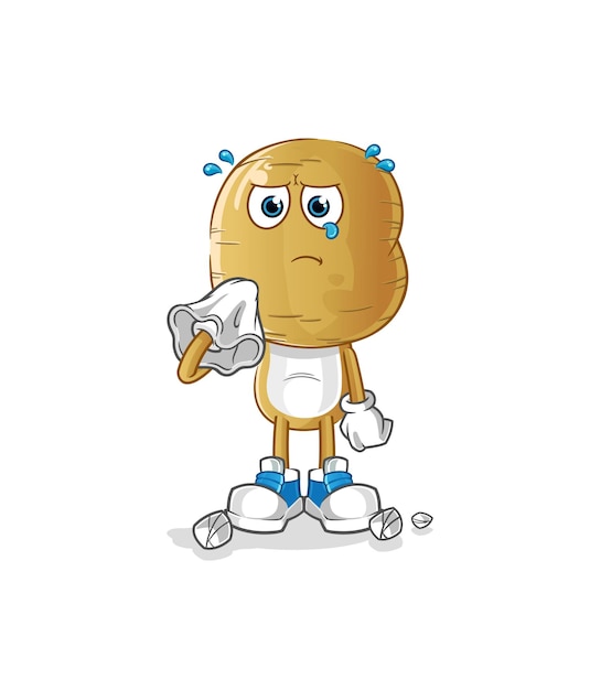 Potato head cartoon cry with a tissue cartoon mascot vector