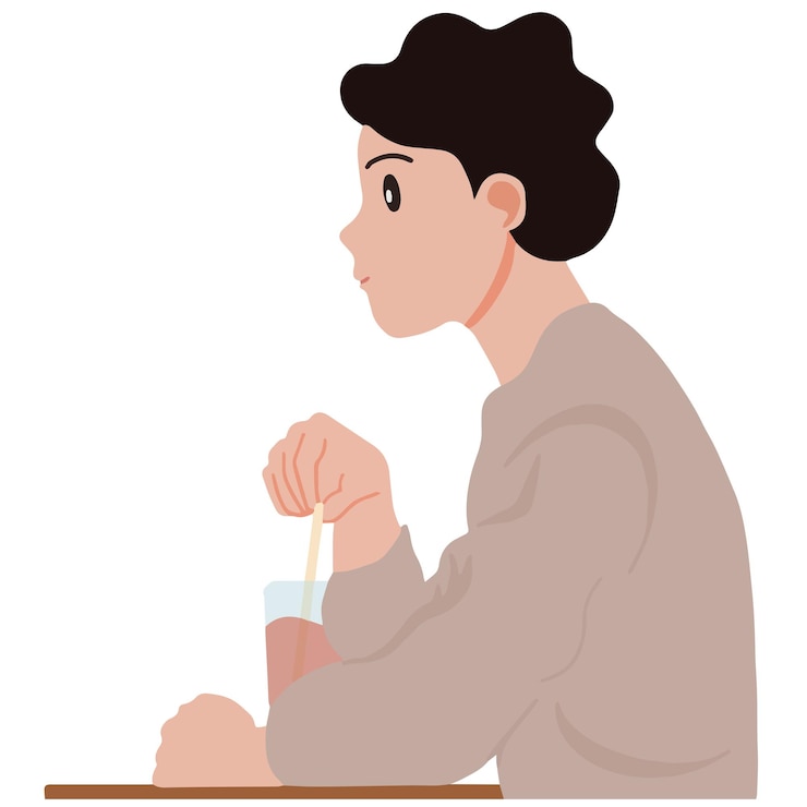 Vector potret pria muda berpikir bertanya-tanya sambil minum dari samping ilustrasi vektor