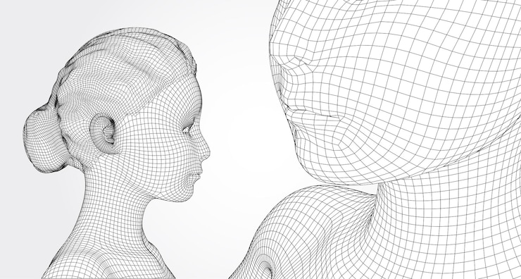 Vector potret vektor 3d seorang gadis muda cantik dengan gaya rambut yang menampilkan berbagai sudut pada latar belakang putih
