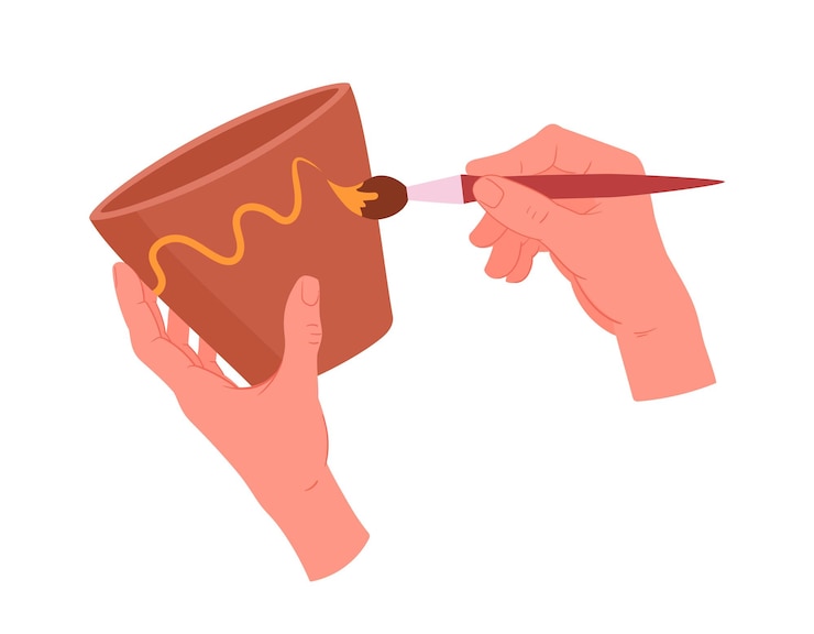 Vector potter paints pot flat vector illustration pottery workshop process