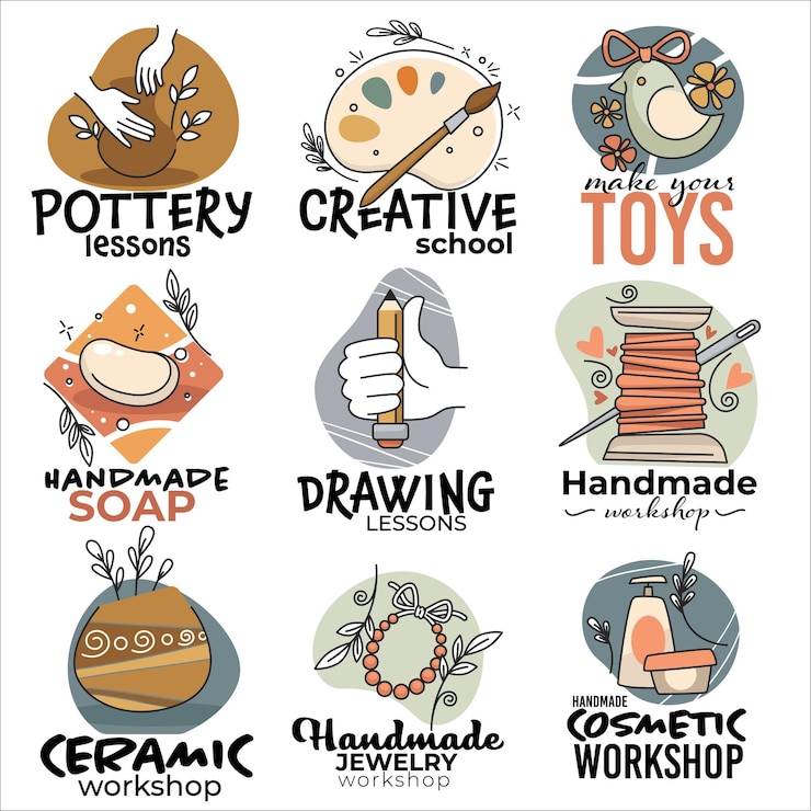 Vector pottery classes and creative arts workshop handmade soap or drawing making toys and ceramic products cosmetics or sewing lessons for creative people labels and emblems vector in flat style