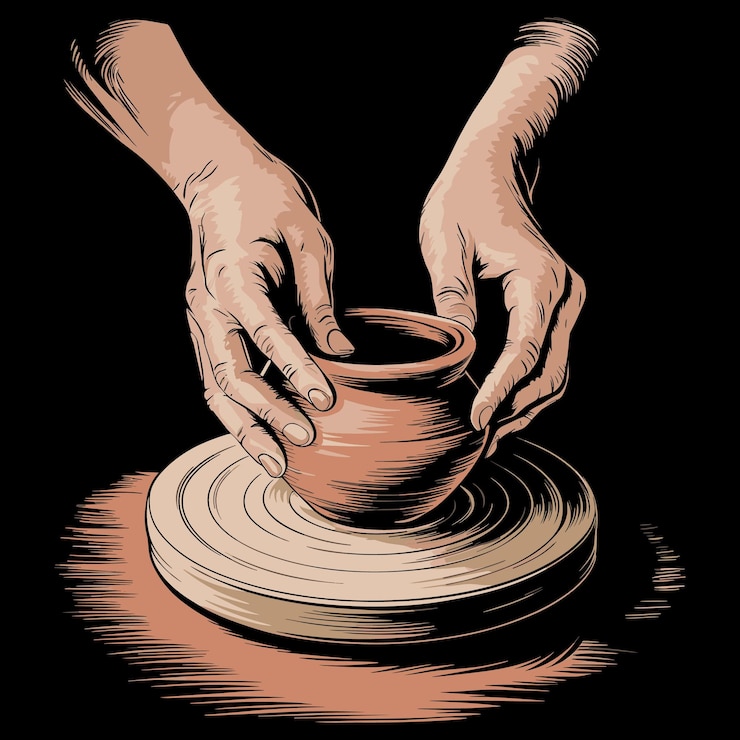 Vector pottery wheel art illustration with hands crafting clay on black background