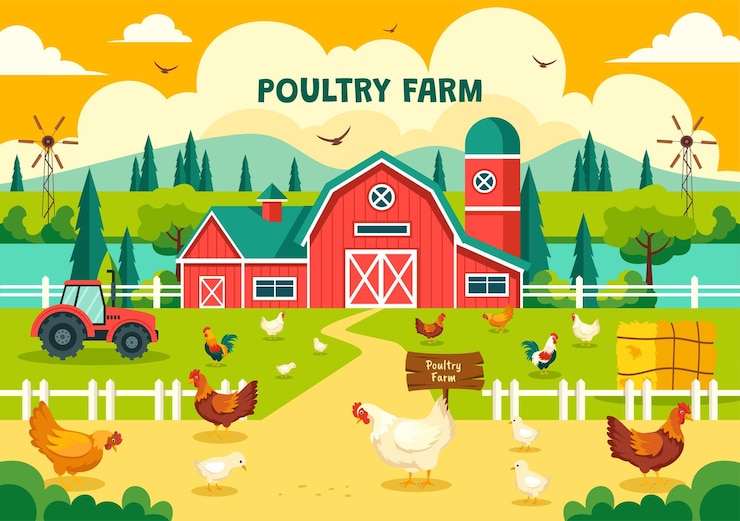 Vector poultry farm vector illustration with chickens roosters and egg on scenery of green field background