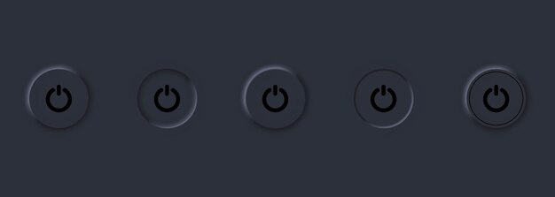 Power on off user Interface icon set. Power icon. On off buttons. User interface elements for mobile app. Dark theme. Neumorphism style. Vector EPS10. Isolated on background.