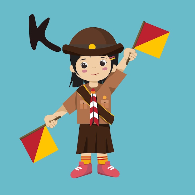 Vector pramuka girl sandi morse semaphore k a cartoon character with a flag and a girl holding a red flag