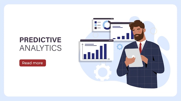 Predictive analytics poster Man in suit near graphs and diagrams Analyst conducts marketing research Investor and trading with infographics and statistics Flat vector illustration