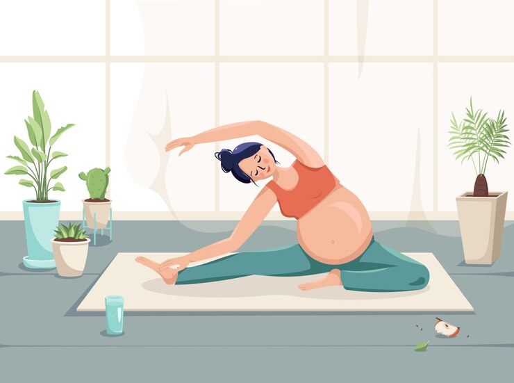 pregnant woman goes in for sport in a room with flower and curtains take care of the body and health