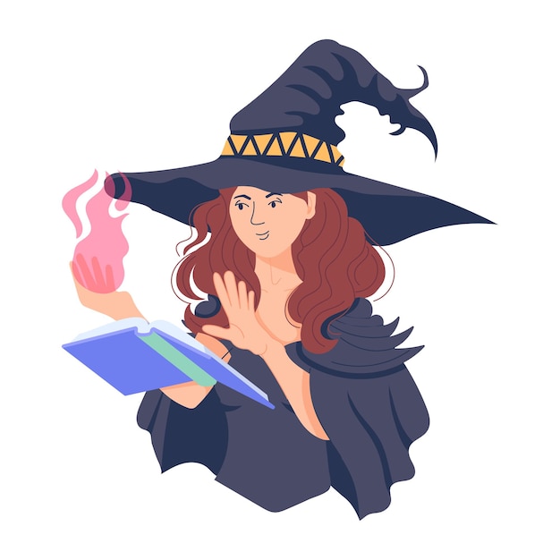 Premium flat illustration of a witch casting spell