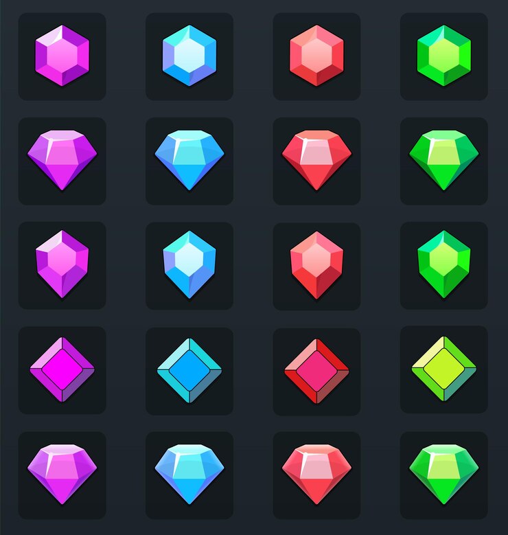 Premium vector of a collection of colorful gems with a black background