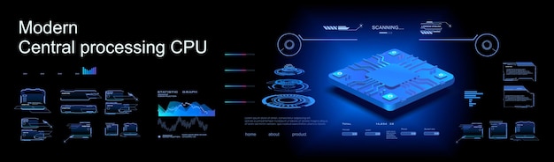 Presentation superpowerful processor Realistic 3D model new generation processor for processing large amounts of information Cyber technology concept banner with HUD elements