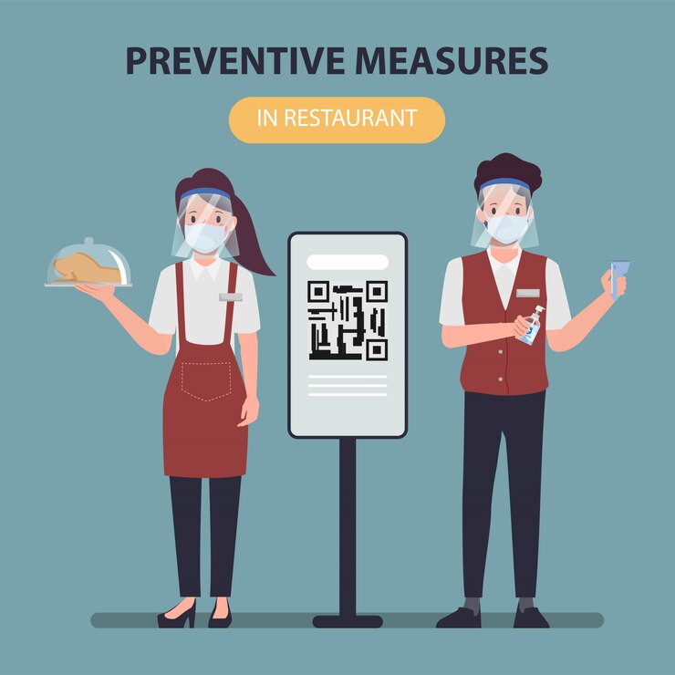 Vector preventive measure in restaurant in quarantine concept with staff worker character.