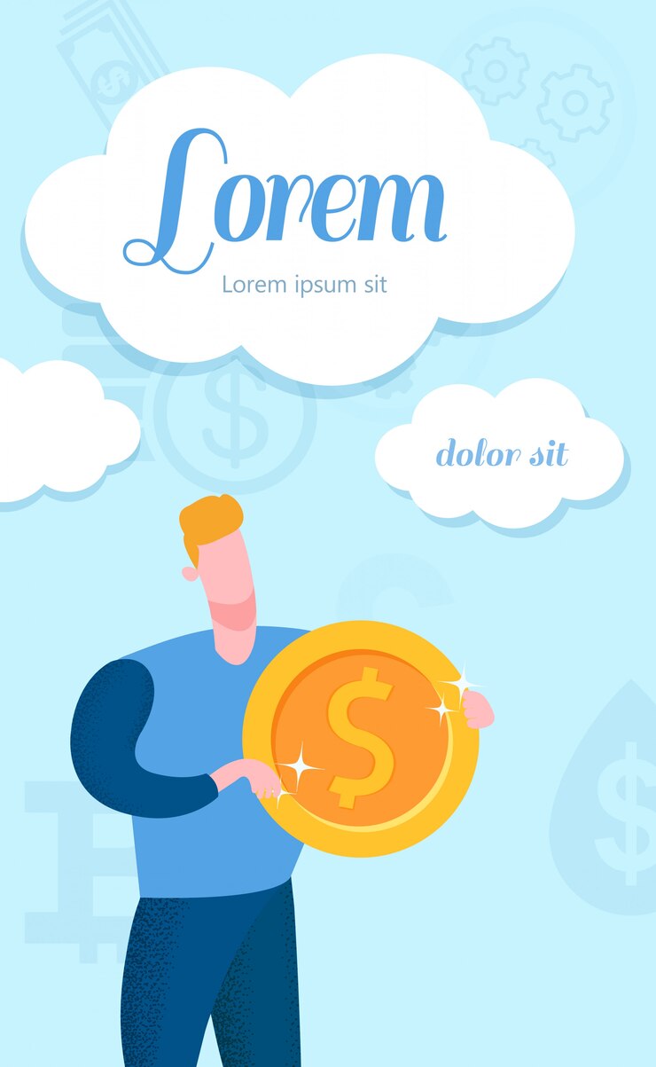 Vector pria berambut pirang dengan tangan koin di atas biru.