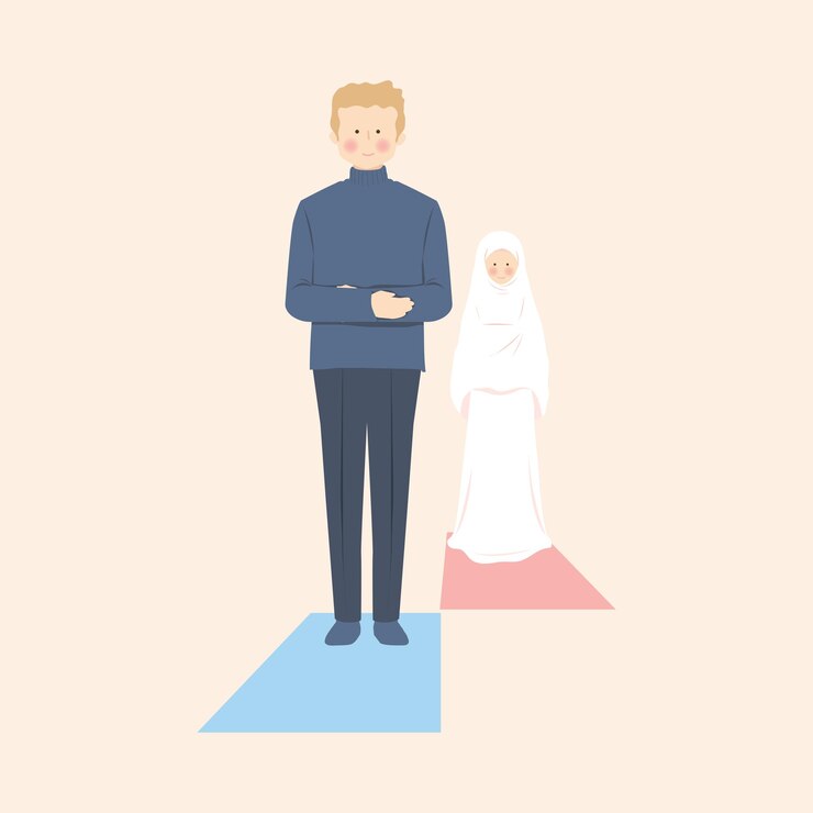 Vector pria dan wanita muslim melaksanakan sholat berjamaah