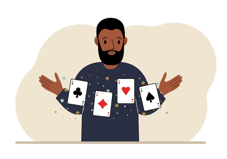Vector pria memegang kartu remi memainkan kombinasi 4 ace atau four of a kind