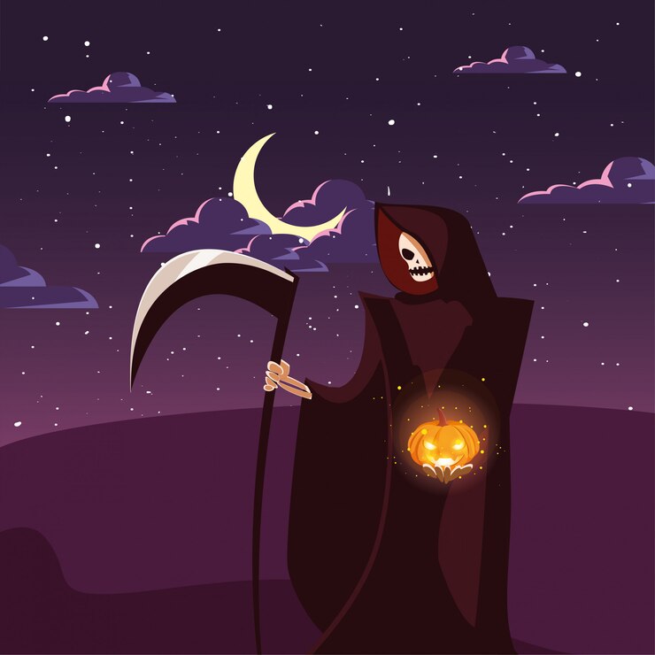 Vector pria menyamar sebagai maut dengan bulan dalam suasana halloween