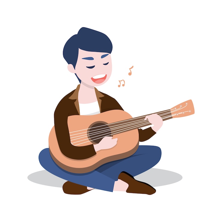 Vector pria muda bahagia bermain gitar dan menyanyikan sebuah lagu.