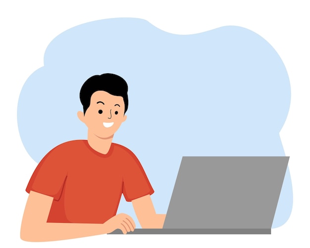 Pria muda mengetik menggunakan laptop atau pria muda bekerja di laptop di kantor rumah