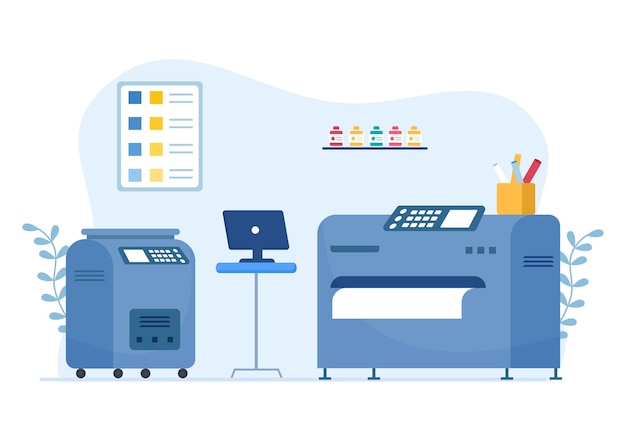 Print Shop Illustration with Production Process at Printing House and Machines for Operating File