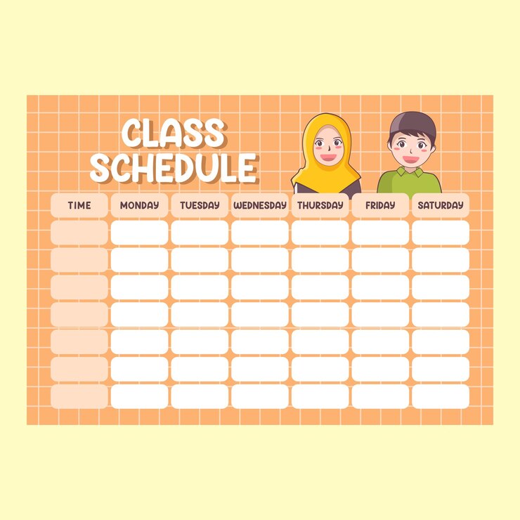 Vector printable template school schudule timetable class with cute kids muslim vector illustration