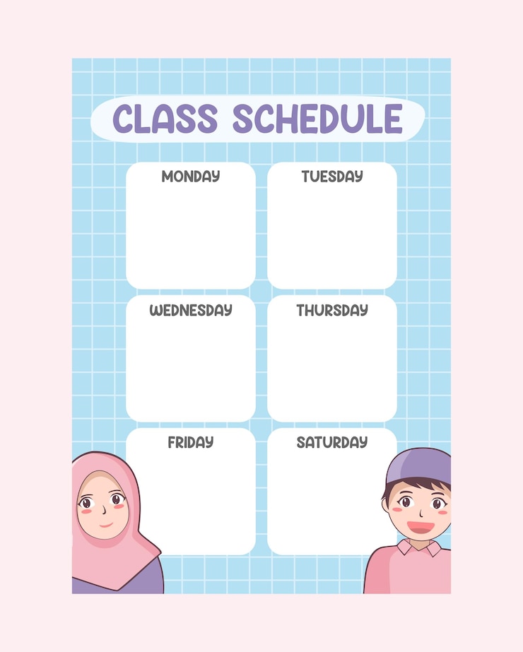 Vector printable template school schudule timetable class with cute kids muslim vector illustration