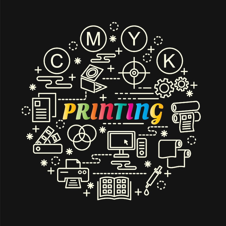 Vector printing colorful gradient with line icons set