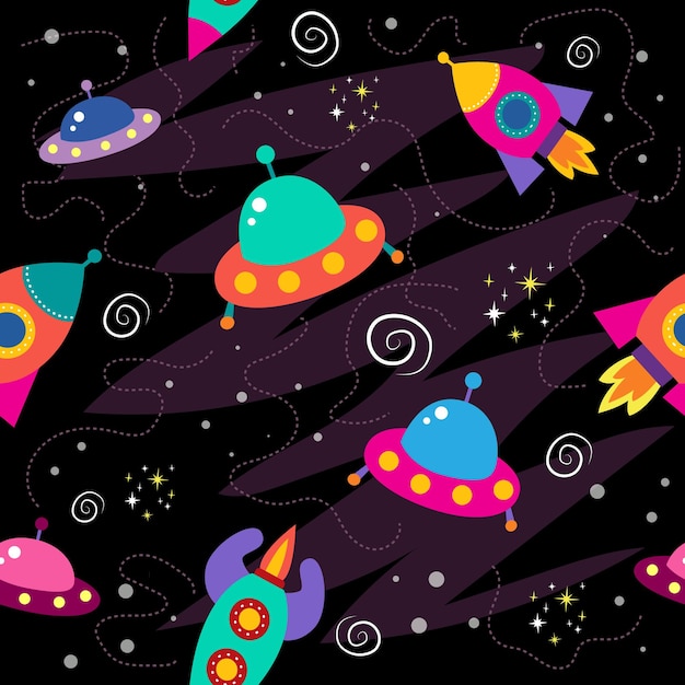 printseamless pattern with space objects planets rockets in cartoon style vector image