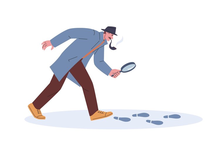 Vector private detective looking footprints through magnifying glass agent follow to evidence police investigator working cartoon kicky vector scene