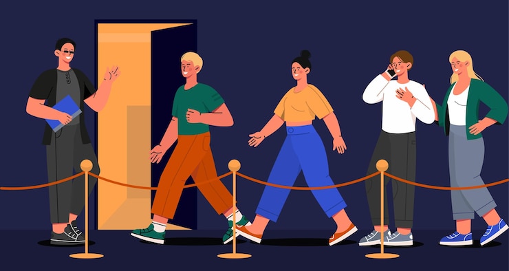 Vector private party in nightclub concept men and women in waiting line to club event and disco face