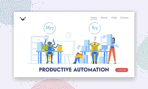 Productive Automation Landing Page Template Intelligent System against Manual Labor Office Characters Compete with Ai Cyborg at Workplace Rpa Robotic Process Cartoon People Vector Illustration