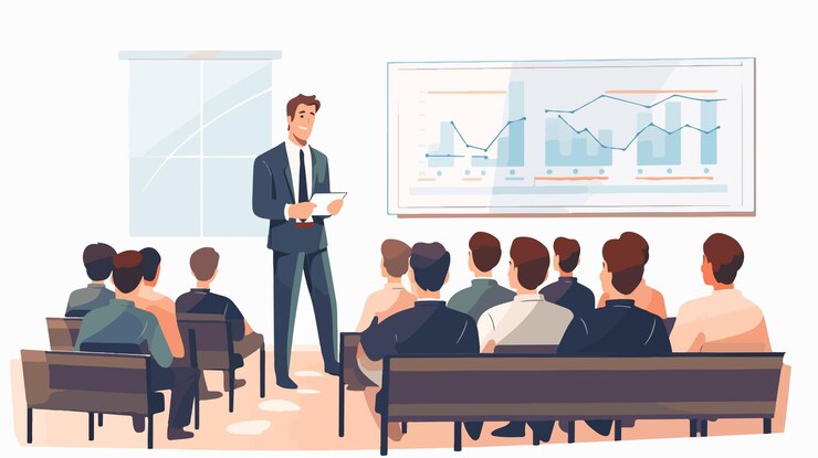 Vector professional businessman sales pitch presentation cartoon vector illustration