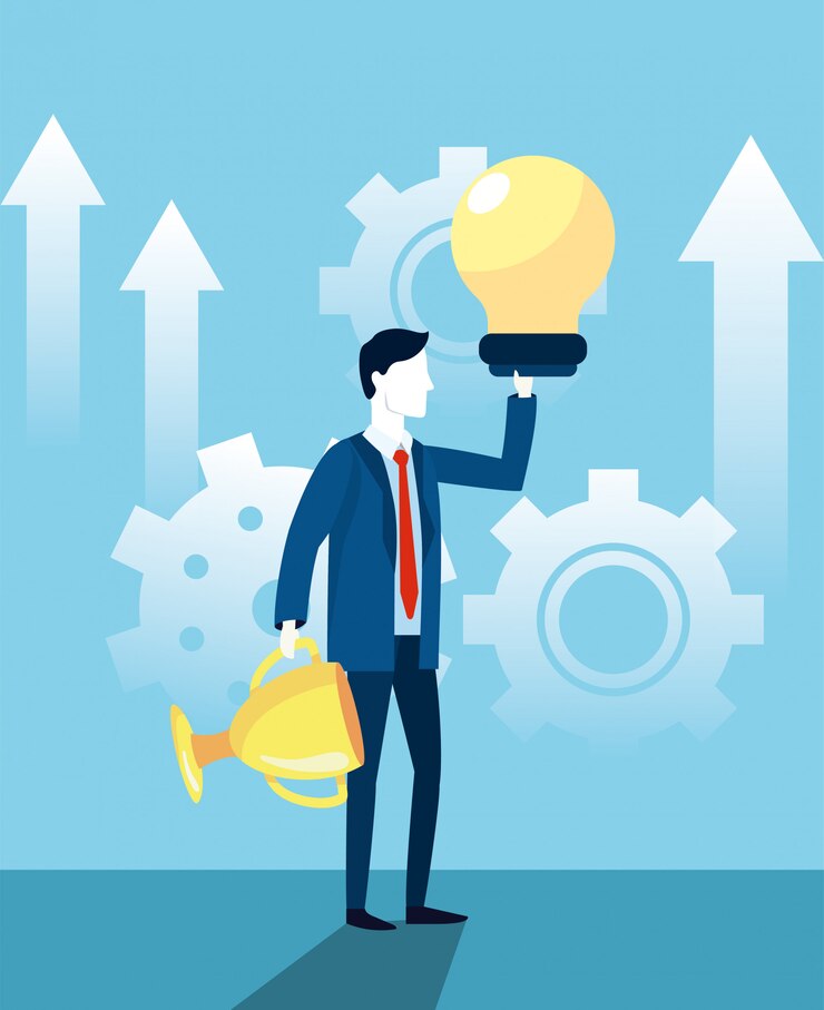 Vector professional businessman with bulb idea and cup
