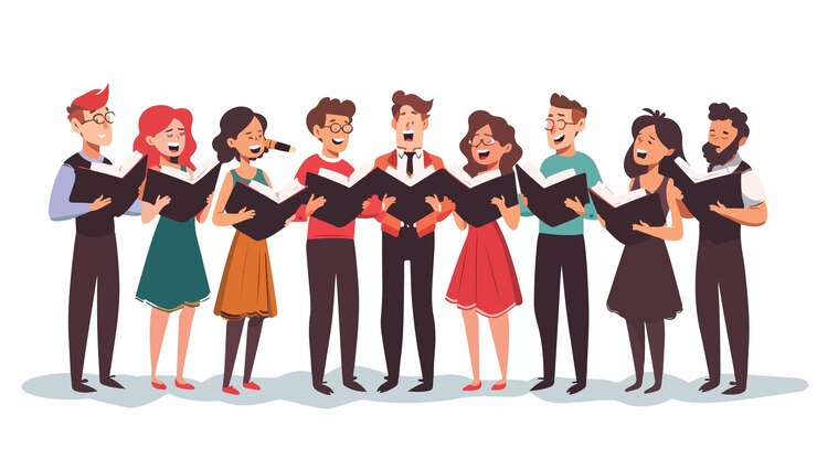 Professional Chorus Singers Performing with Musical Band on Stage in Harmony