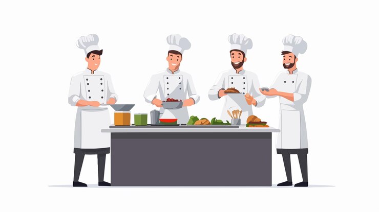 Vector professional male chef working with colleagues in restaurant kitchen