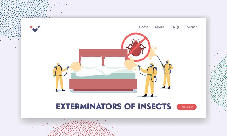 Vector professional pest control service doing room disinsection against bed bugs landing page template. exterminators characters in suits spray toxic liquid for bedbugs. cartoon people vector illustration