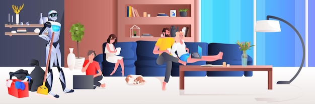professional robot cleaner robotic janitor with equipment cleaning living room family relaxing at home artificial intelligence technology concept horizontal full length 