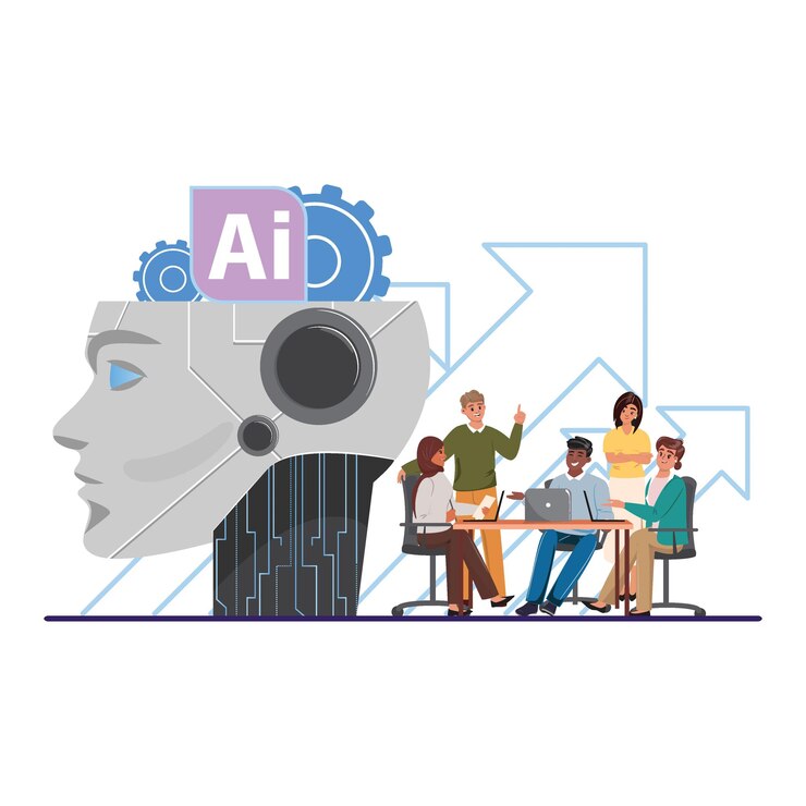 Vector professional team working alongside artificial intelligence modern workplace innovation illustration