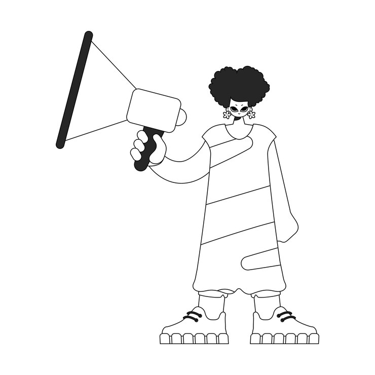 Vector proficient hr specialist woman holding a megaphone in her hands hr topic linear newspaper black and white style