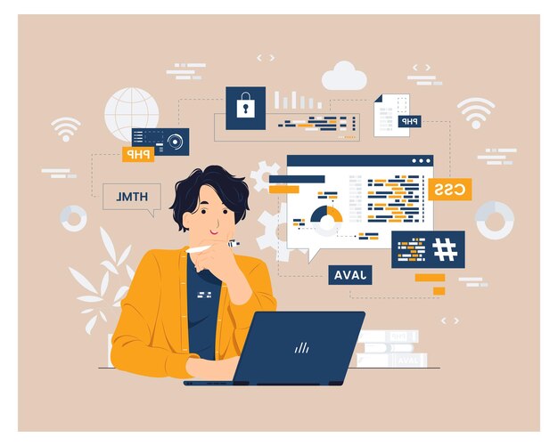 Programmer engineer with laptop sitting at the office desk holding a pen while vector