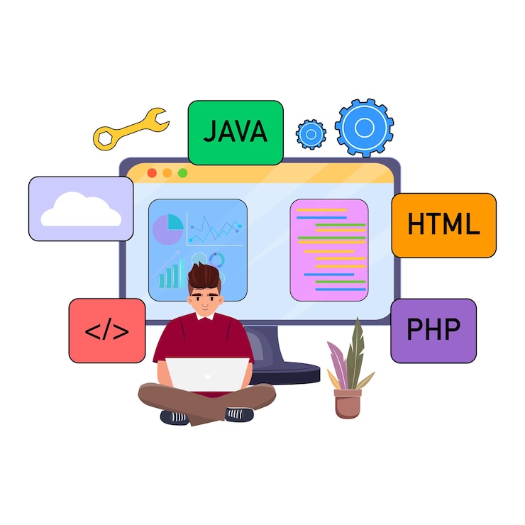 Vector programmer in lotus pose working on laptop with tech symbols like php java and cloud