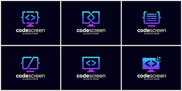 programmer logo design collection abstract code and monitor screen logo vector illustration