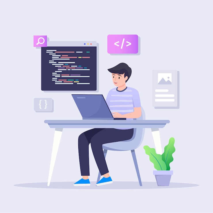 Vector programmer working on computer coders or programmers writing program landing page for web it courses with html and c