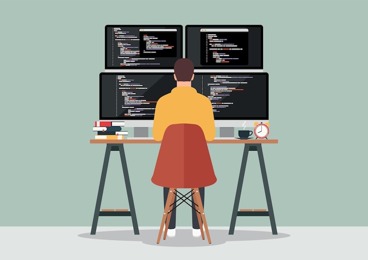 Programmer working writing code on computer Vector illustration