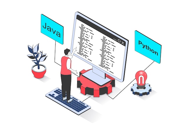 Programming 3d isometric concept with isometry people design for web Man coding on computer screen and engineering software products working with online processing services Vector illustration