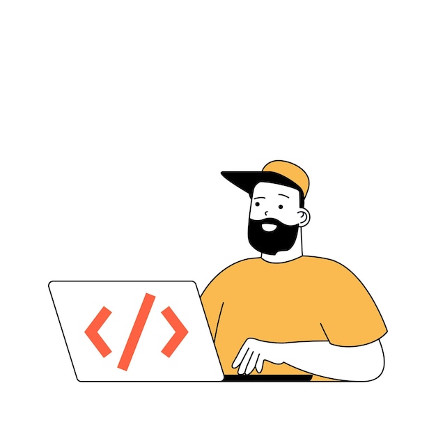 Programming concept with cartoon people in flat design for web Man coding and engineering software creating scripts and algorithms Vector illustration for social media banner marketing material