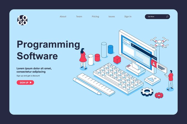 programming software concept in 3d isometric design for landing page template people prototyping products and working with code testing and making optimization programs vector illustration for web