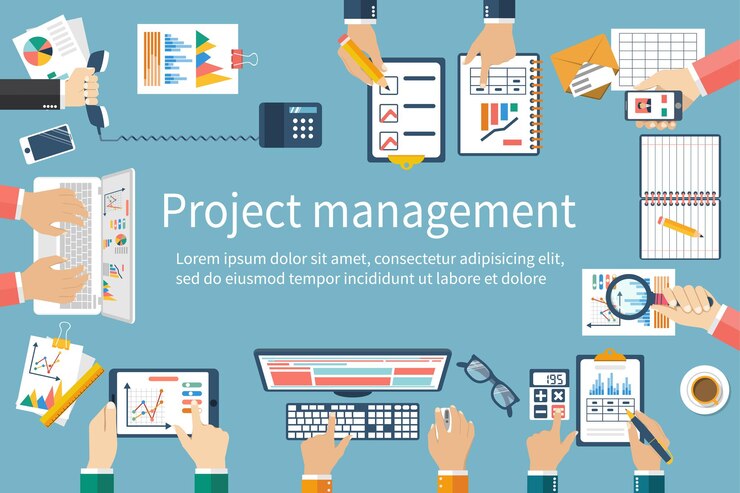 Vector project management concept business team work on projects brai